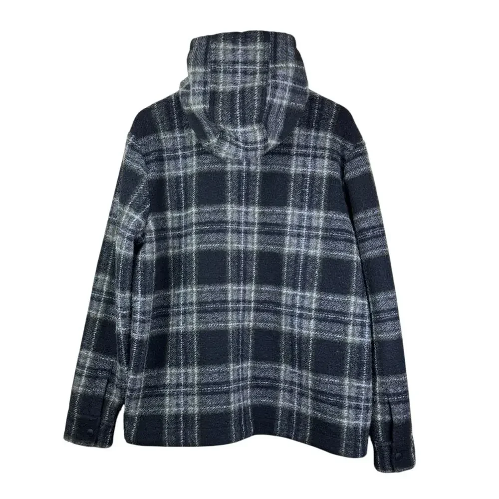 Banana Republic Wool Black Plaid Hooded Shirt Sweater Button Up Jacket Pockets